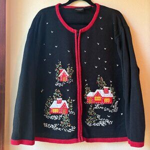 Ugly Christmas Sweater Snow Covered Houses Cabins Winter Scenes Trees Size 2X